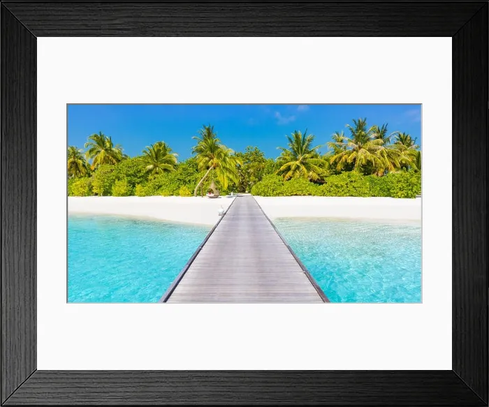 Framed Print : Beautiful Maldives island scene, wooden jetty into palm trees and paradise island. Luxury summer beach vacation and holiday concept. Exotic lifestyle Framed Print : Beautiful Maldives island scene, wooden jetty into palm trees and paradise island. Luxury summer beach vacation and holiday concept. Exotic lifestyle