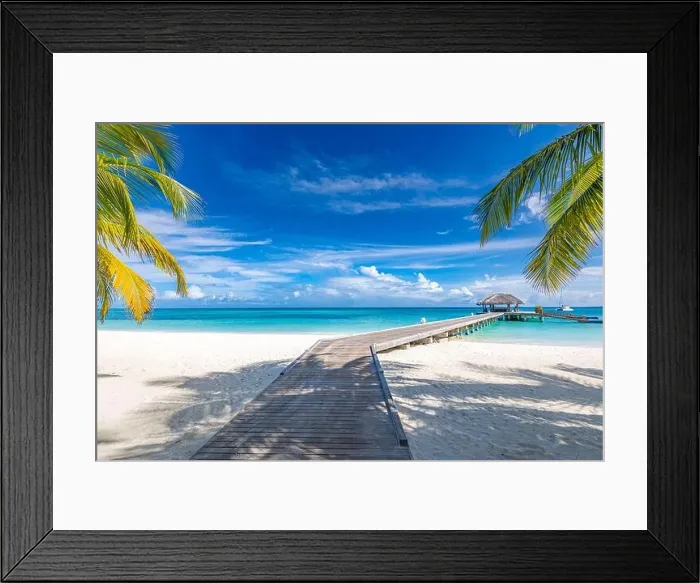 Framed Print : Tropical beach, Maldives. Jetty pathway into tranquil paradise island. Palm trees, white sand and blue sea, perfect summer vacation landscape holiday Framed Print : Tropical beach, Maldives. Jetty pathway into tranquil paradise island. Palm trees, white sand and blue sea, perfect summer vacation landscape holiday