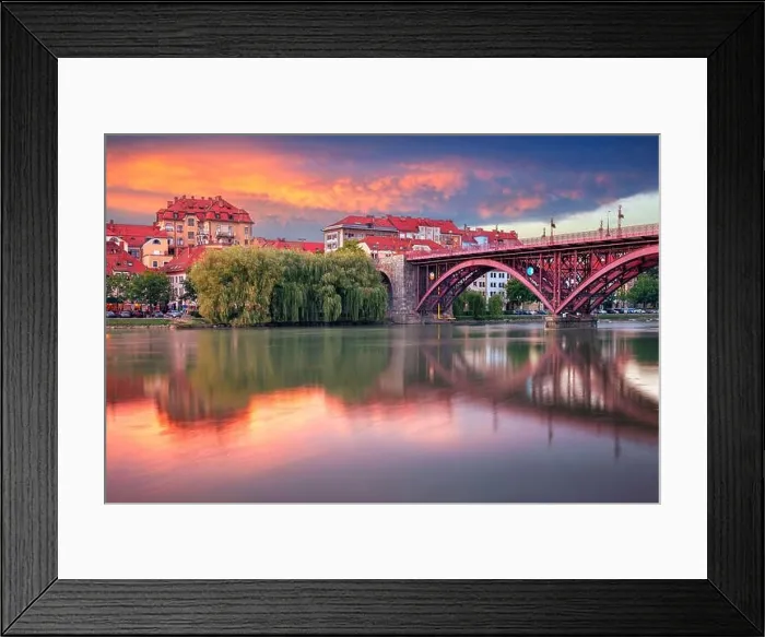 Framed Print : Maribor, Slovenia. Cityscape image of Maribor, Slovenia at beautiful summer sunset with reflection of the city in Drava River Framed Print : Maribor, Slovenia. Cityscape image of Maribor, Slovenia at beautiful summer sunset with reflection of the city in Drava River