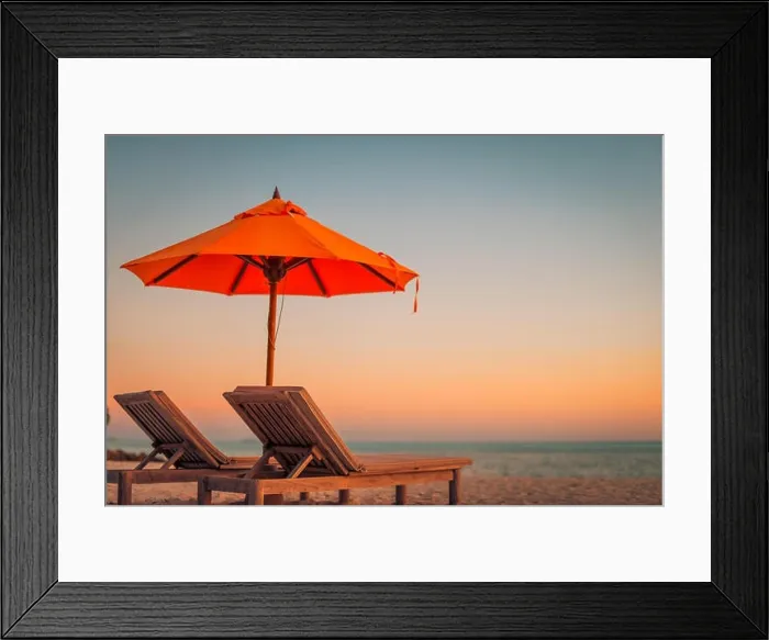 Framed Print : Perfect beach banner, two sun chairs and umbrella in tropical landscape. Tranquil exotic nature scenery. Luxury resort for summer vacation and holiday