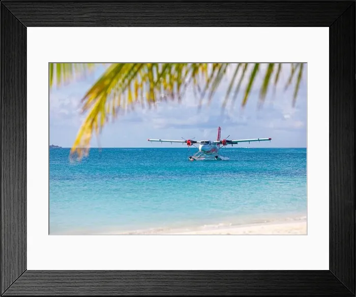 Framed Print : Seaplane at tropical beach resort. Luxury summer travel destination seaplane in Maldives islands. Exotic vacation holiday transportation, Maldives Framed Print : Seaplane at tropical beach resort. Luxury summer travel destination seaplane in Maldives islands. Exotic vacation holiday transportation, Maldives