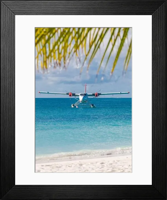 Framed Print : Seaplane at tropical beach resort. Luxury summer travel destination seaplane in Maldives islands. Exotic vacation holiday transportation, Maldives Framed Print : Seaplane at tropical beach resort. Luxury summer travel destination seaplane in Maldives islands. Exotic vacation holiday transportation, Maldives