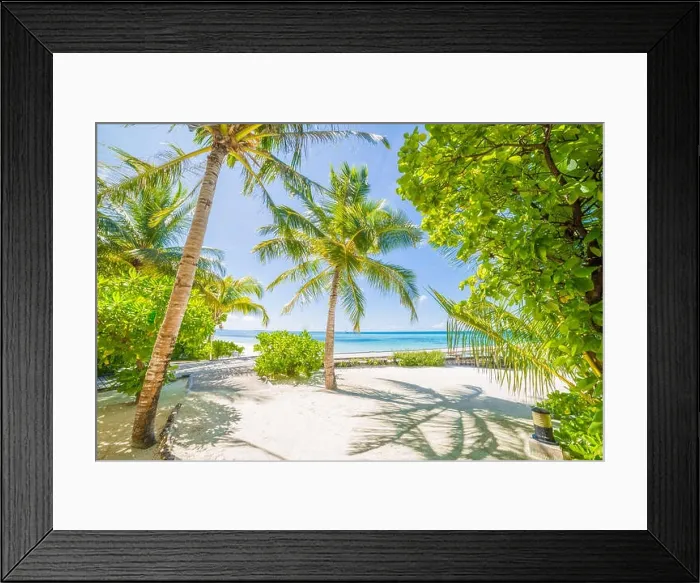 Framed Print : Amazing beach banner. Tropical landscape, palm trees, white sand and blue sky. Exotic vacation and holiday concept. Luxury travel destination concept Framed Print : Amazing beach banner. Tropical landscape, palm trees, white sand and blue sky. Exotic vacation and holiday concept. Luxury travel destination concept