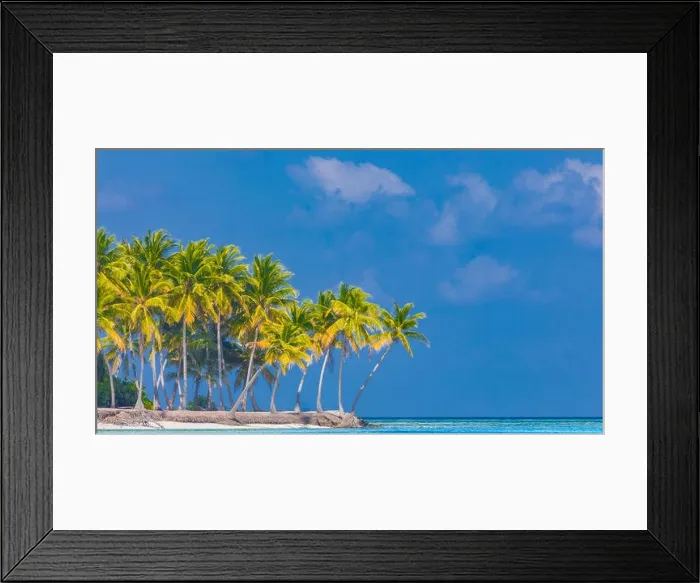 Framed Print : Amazing beach banner. Tropical landscape, palm trees, white sand and blue sky. Exotic vacation and holiday concept. Luxury travel destination concept Framed Print : Amazing beach banner. Tropical landscape, palm trees, white sand and blue sky. Exotic vacation and holiday concept. Luxury travel destination concept