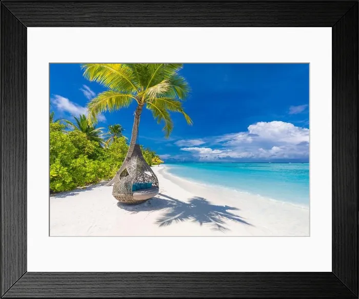 Framed Print : Tropical beach background as summer landscape with beach swing or hammock and white sand and calm sea for beach banner. Perfect beach scene vacation Framed Print : Tropical beach background as summer landscape with beach swing or hammock and white sand and calm sea for beach banner. Perfect beach scene vacation