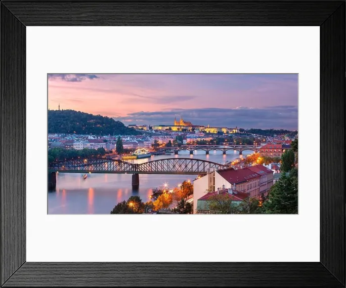 Framed Print : Prague at sunset. Cityscape image of Prague, capital city of Czech Republic with St. Vitus Cathedral and five bridges over Vltava River at autumn suns Framed Print : Prague at sunset. Cityscape image of Prague, capital city of Czech Republic with St. Vitus Cathedral and five bridges over Vltava River at autumn suns