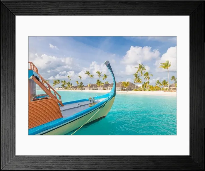 Framed Print : Inspirational Maldives island beach design. Maldives traditional boat Dhoni and perfect blue sea with lagoon. Luxury tropical paradise concept Framed Print : Inspirational Maldives island beach design. Maldives traditional boat Dhoni and perfect blue sea with lagoon. Luxury tropical paradise concept