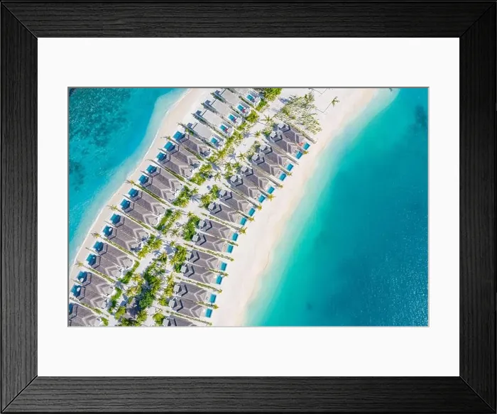 Framed Print : Atolls and islands in Maldives. Tropical island at Maldives with luxury water villas, bungalows over amazing blue sea. Summer vacation, aerial view Framed Print : Atolls and islands in Maldives. Tropical island at Maldives with luxury water villas, bungalows over amazing blue sea. Summer vacation, aerial view