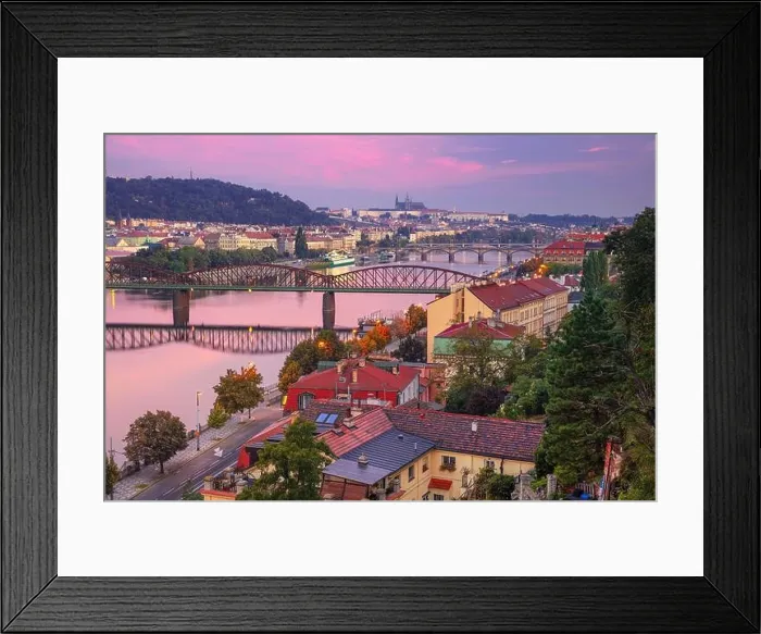 Framed Print : Prague at sunrise. Cityscape image of Prague, capital city of Czech Republic with St. Vitus Cathedral and five bridges over Vltava River at sunrise Framed Print : Prague at sunrise. Cityscape image of Prague, capital city of Czech Republic with St. Vitus Cathedral and five bridges over Vltava River at sunrise