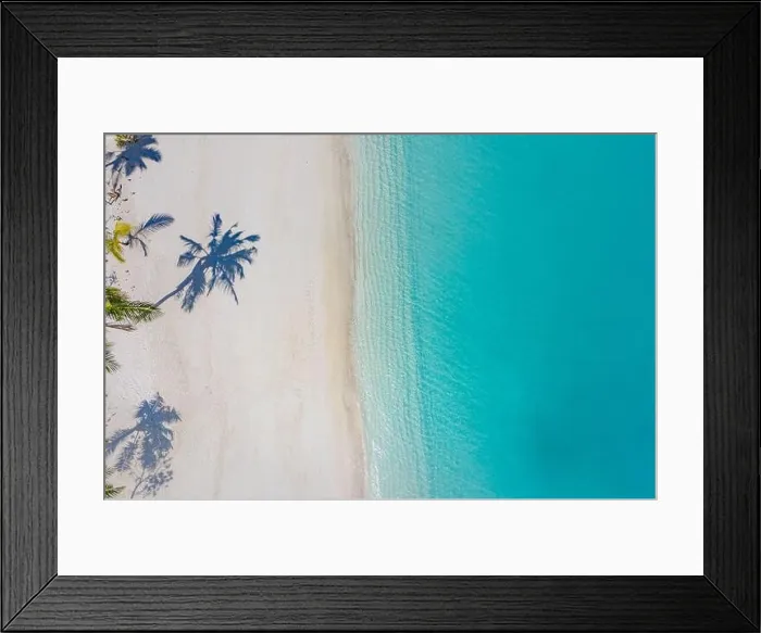 Framed Print : Beach with beautiful coastline. Amazing aerial drone view summer landscape. Color water is turquoise, white sand and palm trees shadows, sunny nature Framed Print : Beach with beautiful coastline. Amazing aerial drone view summer landscape. Color water is turquoise, white sand and palm trees shadows, sunny nature