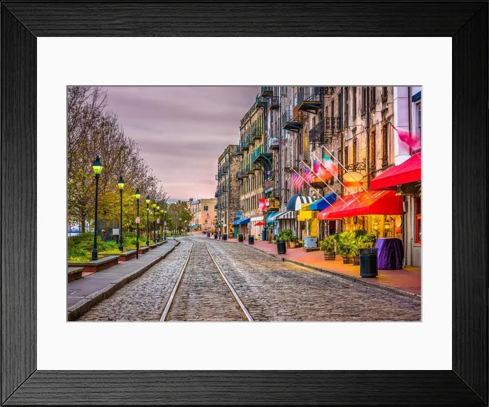 Framed Print : Savannah, Georgia, USA bars and restaurants on River Street Framed Print : Savannah, Georgia, USA bars and restaurants on River Street