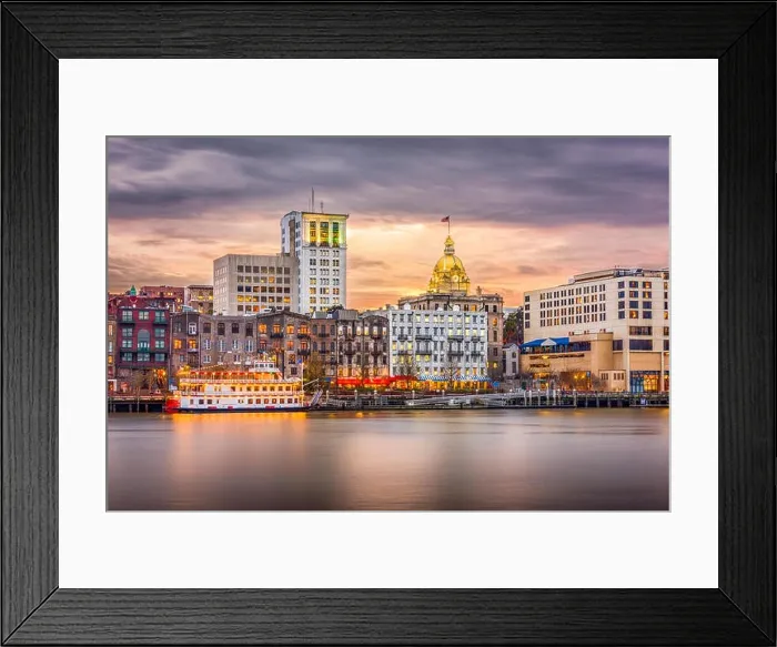 Framed Print : Savannah, Georgia, USA skyline on the river at dusk Framed Print : Savannah, Georgia, USA skyline on the river at dusk