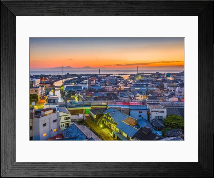 Framed Print : Shimabara, Japan town skyline at dawn Framed Print : Shimabara, Japan town skyline at dawn