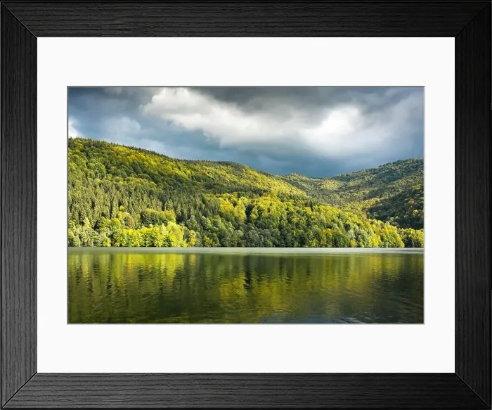 Framed Print : Picturesque landscape with clear lake and autumn forest on his coast. Tereblia-Ritske Reservoir (Vilshanske) on Tereblia river Framed Print : Picturesque landscape with clear lake and autumn forest on his coast. Tereblia-Ritske Reservoir (Vilshanske) on Tereblia river