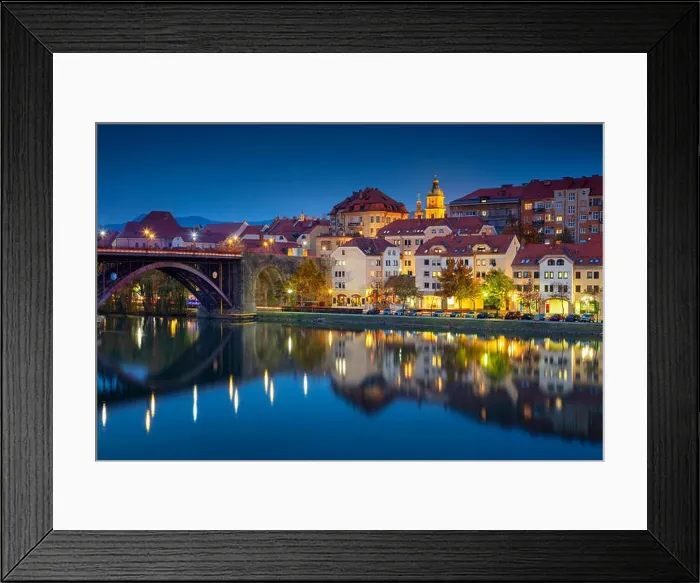 Framed Print : Maribor, Slovenia. Cityscape image of Maribor, Slovenia during autumn twilight blue hour with reflection of the city in Drava River
