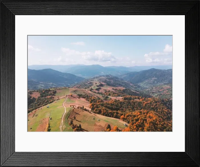 Framed Print : Picturesque autumn mountains with red beech forest in the Carpathian mountains, Ukraine. Landscape photography