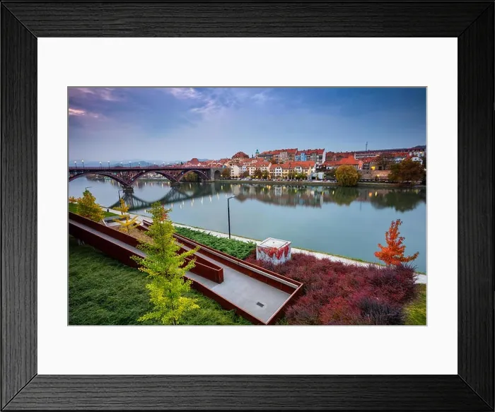 Framed Print : Maribor, Slovenia. Cityscape image of Maribor, Slovenia during autumn twilight with reflection of the city in Drava River. Note to editor Framed Print : Maribor, Slovenia. Cityscape image of Maribor, Slovenia during autumn twilight with reflection of the city in Drava River. Note to editor