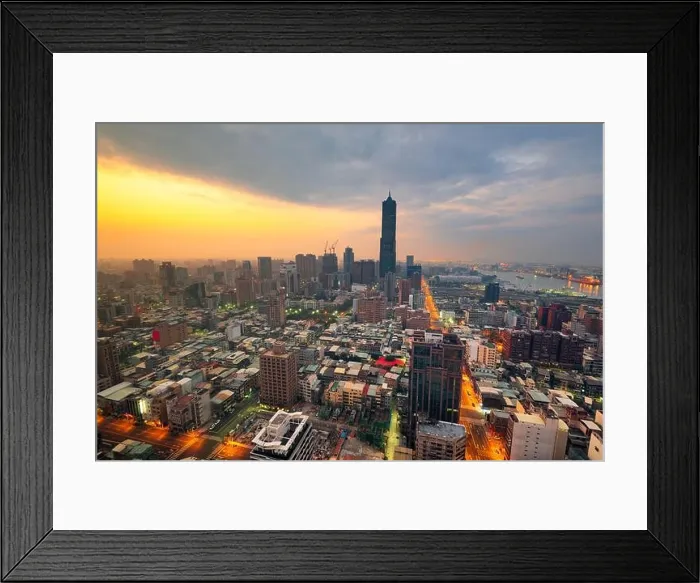 Framed Print : Kaohsiung, Taiwan Skyline at twilight from above Framed Print : Kaohsiung, Taiwan Skyline at twilight from above