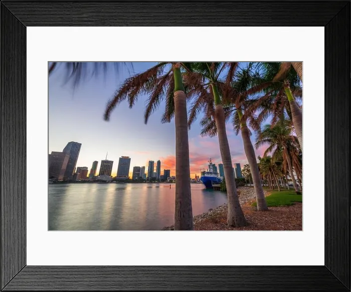 Framed Print : Miami, Florida, USA skyline on Biscayne Bay with palms at dusk Framed Print : Miami, Florida, USA skyline on Biscayne Bay with palms at dusk