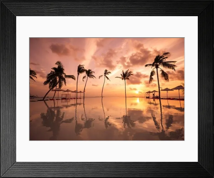 Framed Print : Luxury resort beach. Beautiful poolside and sunset sky. Luxurious tropical beach landscape, deck chairs and loungers infinity pool water reflection Framed Print : Luxury resort beach. Beautiful poolside and sunset sky. Luxurious tropical beach landscape, deck chairs and loungers infinity pool water reflection