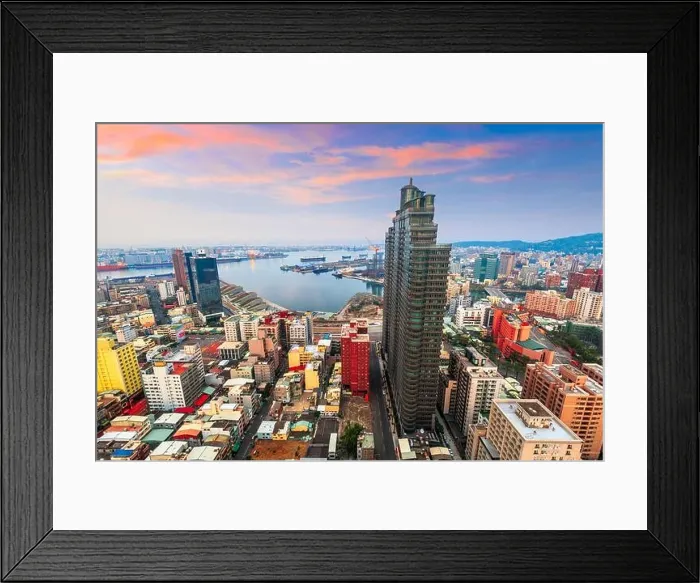 Framed Print : Kaohsiung, Taiwan city skyline towards the harbor at dusk Framed Print : Kaohsiung, Taiwan city skyline towards the harbor at dusk