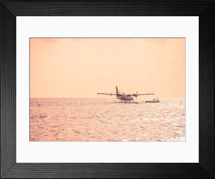 Framed Print : 05.06.2019 - Ari Atoll, Maldives: Exotic scene with seaplane on Maldives sea landing. Vacation holiday in Maldives concept background. Seaplane taxi