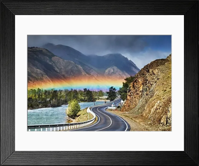 Framed Print : The Chuysky Trakt one of the most beautiful mountain roads of the world, Chuya river and rainbow over road Framed Print : The Chuysky Trakt one of the most beautiful mountain roads of the world, Chuya river and rainbow over road