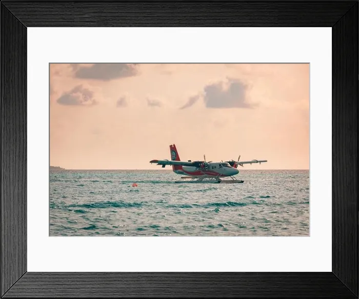 Framed Print : 05.06.2019 - Ari Atoll, Maldives: Exotic scene with seaplane on Maldives sea landing. Vacation holiday in Maldives concept background. Seaplane taxi Framed Print : 05.06.2019 - Ari Atoll, Maldives: Exotic scene with seaplane on Maldives sea landing. Vacation holiday in Maldives concept background. Seaplane taxi