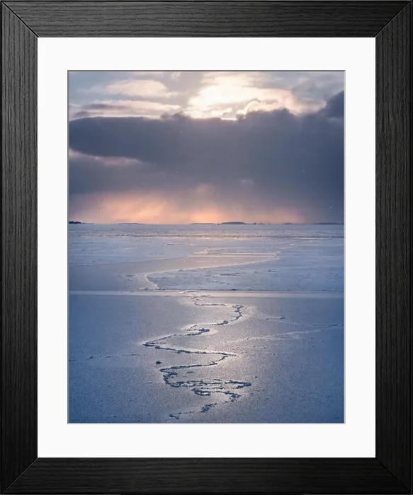 Framed Print : Scenic winter landscape with frosty sea and sunset at evening in Helsinki, Finland Framed Print : Scenic winter landscape with frosty sea and sunset at evening in Helsinki, Finland