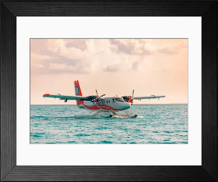 Framed Print : 05.06.2019 - Ari Atoll, Maldives: Exotic scene with seaplane on Maldives sea landing. Vacation holiday in Maldives concept background. Seaplane taxi Framed Print : 05.06.2019 - Ari Atoll, Maldives: Exotic scene with seaplane on Maldives sea landing. Vacation holiday in Maldives concept background. Seaplane taxi