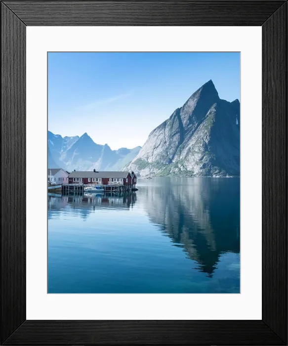 Framed Print : Scenic landscape with mountains and idyllic village at bright summer day in Lofoten Islands, Norway Framed Print : Scenic landscape with mountains and idyllic village at bright summer day in Lofoten Islands, Norway