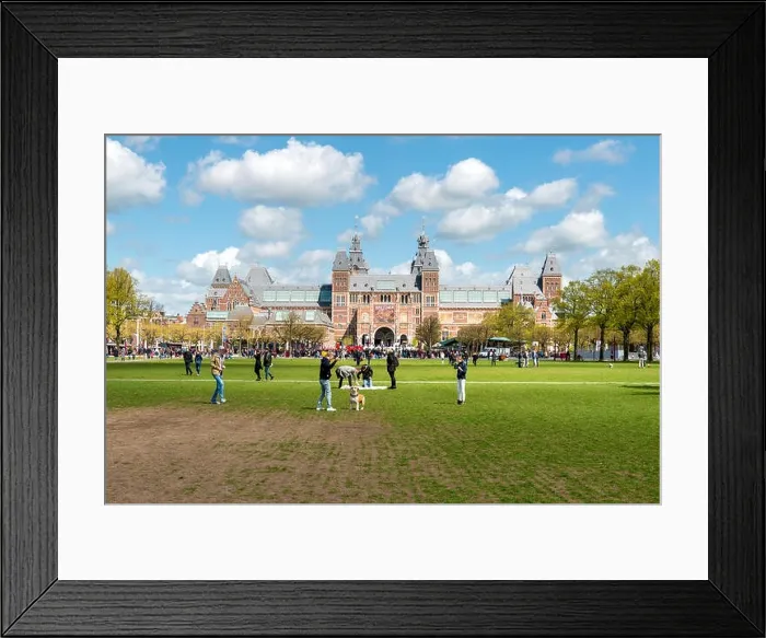 Framed Print : Amsterdam, Netherlands on May 03, 2016 : People chilling in the park on The Museumplein near Rijksmuseum museum area in Amsterdam, Netherlands