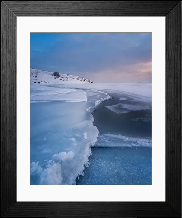 Framed Print : Scenic winter landscape with frosty sea and sunset at evening in Helsinki, Finland Framed Print : Scenic winter landscape with frosty sea and sunset at evening in Helsinki, Finland