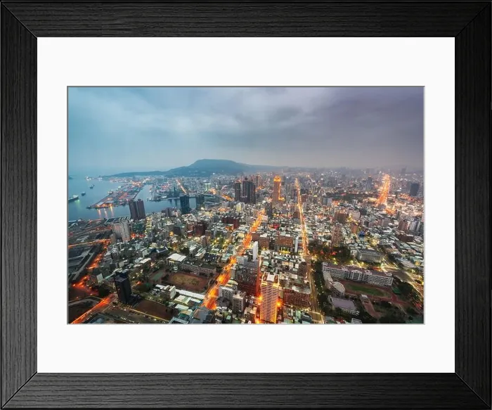 Framed Print : Kaohsiung, Taiwan cityscape at dusk from above looking towards Kaohsiung Harbor Framed Print : Kaohsiung, Taiwan cityscape at dusk from above looking towards Kaohsiung Harbor