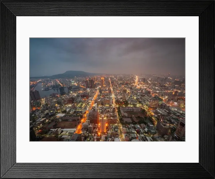 Framed Print : Kaohsiung, Taiwan cityscape at dusk from above looking towards Kaohsiung Harbor Framed Print : Kaohsiung, Taiwan cityscape at dusk from above looking towards Kaohsiung Harbor