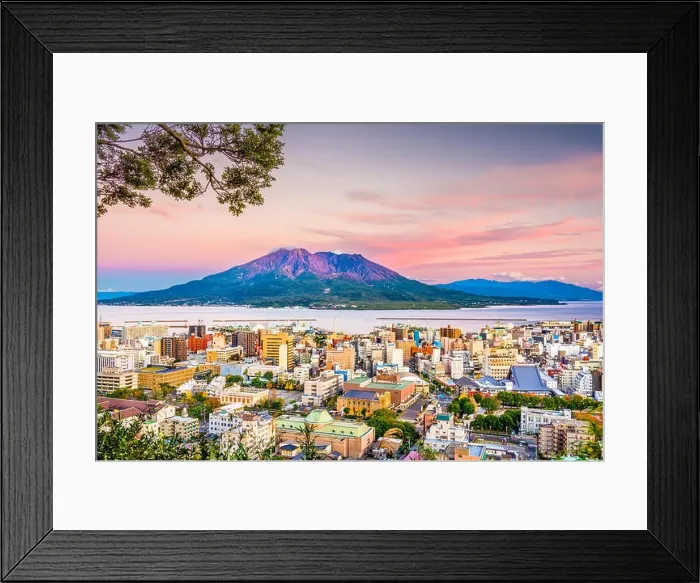 Framed Print : Kagoshima, Japan skyline with Sakurajima Volcano at dusk Framed Print : Kagoshima, Japan skyline with Sakurajima Volcano at dusk