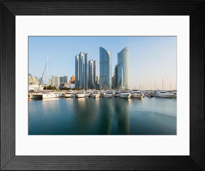 Framed Print : Busan city skyline view at Haeundae district, Gwangalli Beach with yacht pier at Busan, South Korea Framed Print : Busan city skyline view at Haeundae district, Gwangalli Beach with yacht pier at Busan, South Korea
