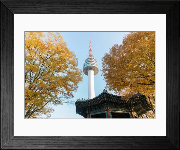Framed Print : Seoul Tower with yellow and red autumn maple leaves at Namsan mountain in South Korea Framed Print : Seoul Tower with yellow and red autumn maple leaves at Namsan mountain in South Korea