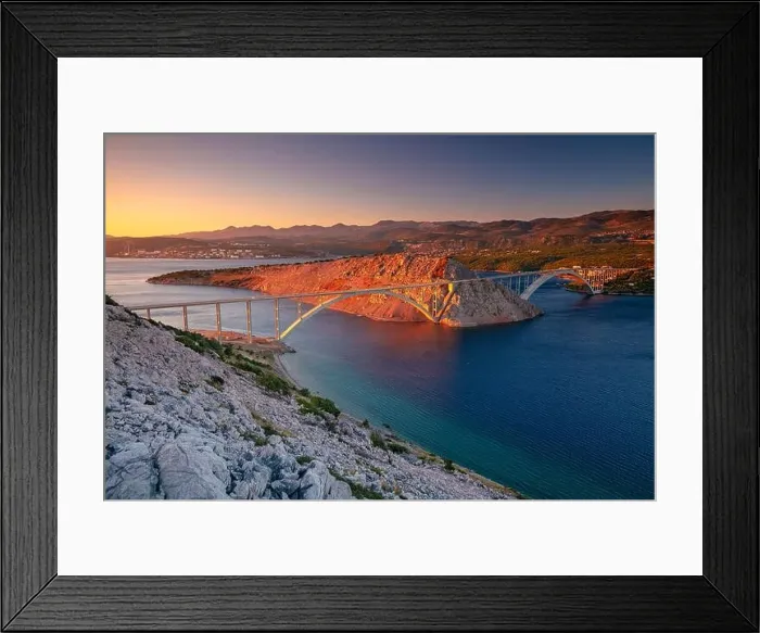 Framed Print : Krk Bridge, Croatia. Image of Krk Bridge which connects the Croatian island of Krk with the mainland at beautiful summer sunset