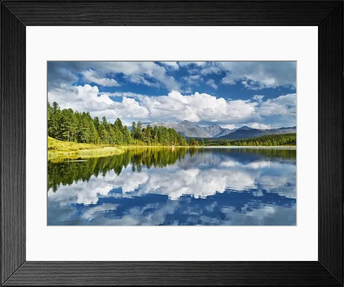 Framed Print : Beautiful mountain lake, still water, forest and reflection Framed Print : Beautiful mountain lake, still water, forest and reflection