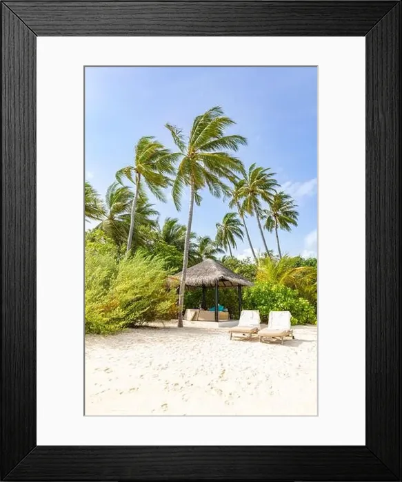 Framed Print : Two beach chairs on idyllic tropical white sand beach. Shadow from the palm trees. Summer landscape, tropical resort hotel beach landscape Framed Print : Two beach chairs on idyllic tropical white sand beach. Shadow from the palm trees. Summer landscape, tropical resort hotel beach landscape