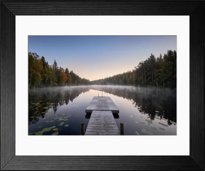 Framed Print : Scenic and idyllic lake landscape with pier and fog at autumn morning in Finland Framed Print : Scenic and idyllic lake landscape with pier and fog at autumn morning in Finland