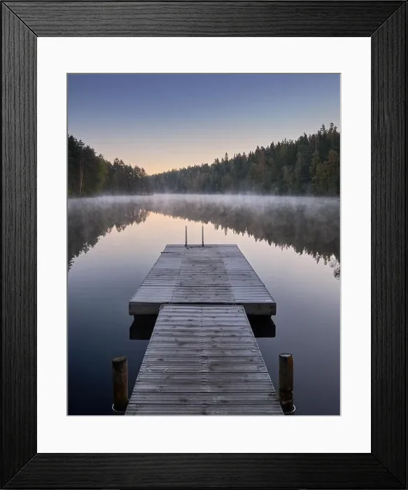 Framed Print : Scenic and idyllic lake landscape with pier and fog at autumn morning in Finland Framed Print : Scenic and idyllic lake landscape with pier and fog at autumn morning in Finland