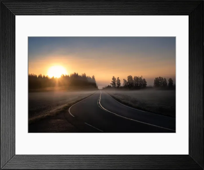 Framed Print : Scenic road landscape with sunrise and fog at autumn morning in Finland Framed Print : Scenic road landscape with sunrise and fog at autumn morning in Finland