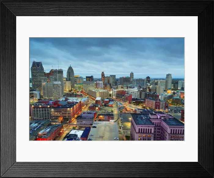 Framed Print : Detroit, Michigan, USA downtown skyline from above at dusk Framed Print : Detroit, Michigan, USA downtown skyline from above at dusk