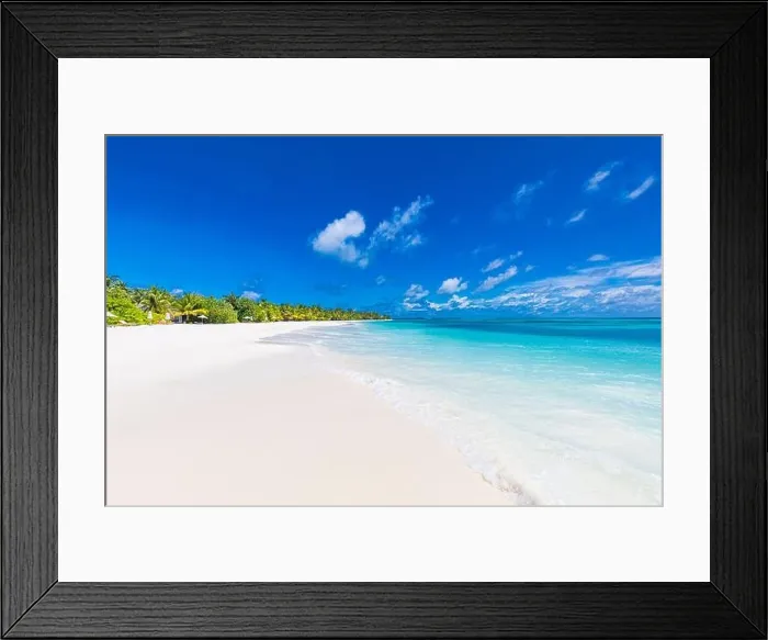 Framed Print : Beautiful beach palm trees and moody sky. Summer vacation travel holiday background concept. Maldives paradise beach. Luxury travel summer holiday Framed Print : Beautiful beach palm trees and moody sky. Summer vacation travel holiday background concept. Maldives paradise beach. Luxury travel summer holiday