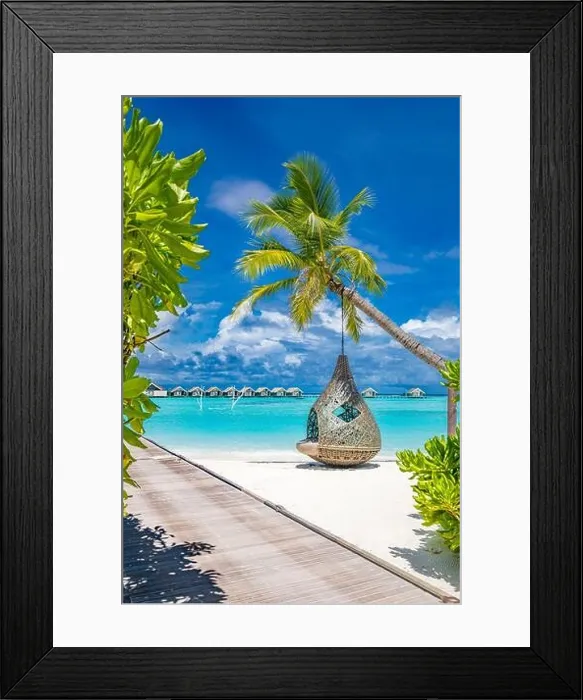 Framed Print : Luxury tropical beach background as summer landscape with beach swing or hammock and white sand and calm sea for beach banner. Exotic travel vacation Framed Print : Luxury tropical beach background as summer landscape with beach swing or hammock and white sand and calm sea for beach banner. Exotic travel vacation