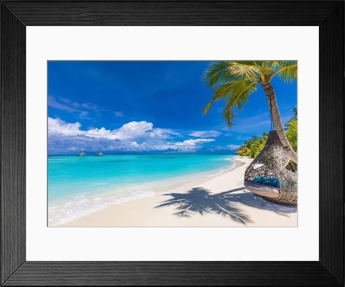 Framed Print : Luxury tropical beach background as summer landscape with beach swing or hammock and white sand and calm sea for beach banner. Exotic travel vacation Framed Print : Luxury tropical beach background as summer landscape with beach swing or hammock and white sand and calm sea for beach banner. Exotic travel vacation