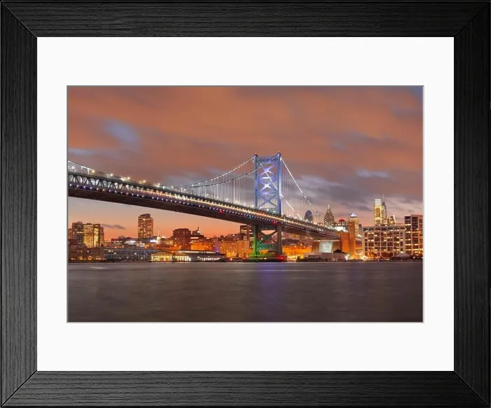 Framed Print : Philadelphia, Pennsylvania, USA skyline on the Delaware river with Ben Franklin Bridge at night