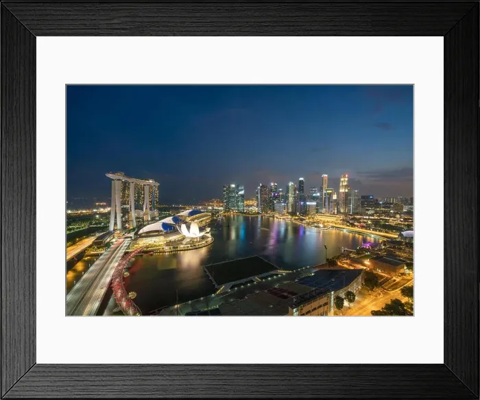 Framed Print : Panorama of Singapore business district skyline and Singapore skyscraper in night at Marina Bay, Singapore. Asia Framed Print : Panorama of Singapore business district skyline and Singapore skyscraper in night at Marina Bay, Singapore. Asia